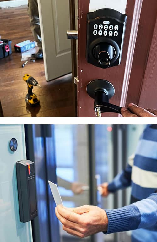 Keypad lock install on a residential door (top) and commercial access control system that uses keycards for access (bottom)