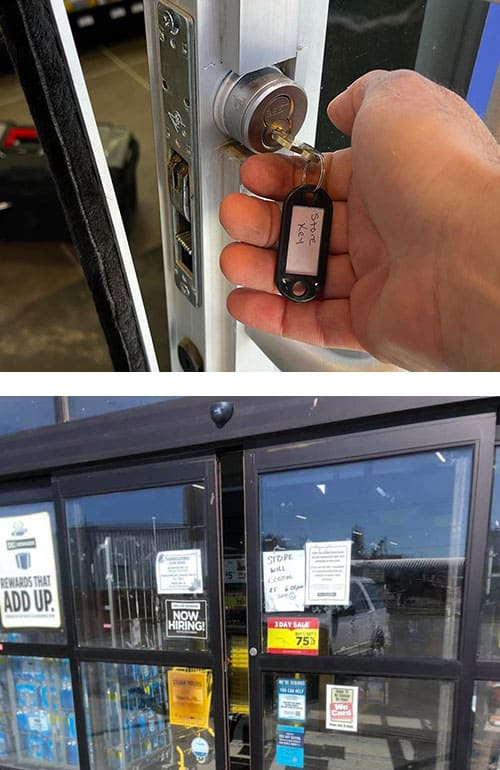 Storefront door lock that we repaired and rekeyed (top) and an automatic door we repaired (bottom).