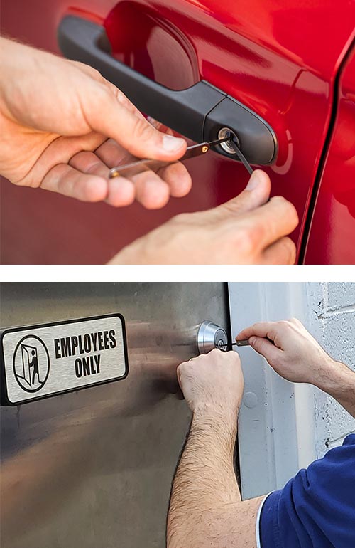 Picking locks on a car door (top) and a commercial-grade deadbolt (bottom)
