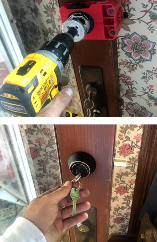 residential deadbolt install: Drilling the hole in the door (top) and the finished installation (bottom).